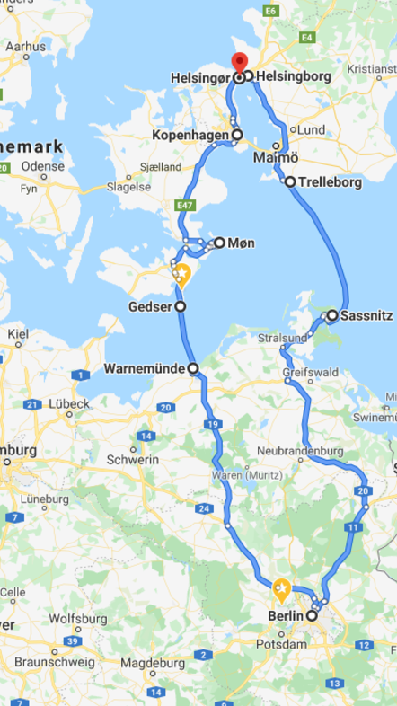 Unsere Rundfahrt Berlin - Warnemünde - Gedser - Mön - Kopenhagen - Helsingör - Helsingborg - Trelleborg - Saßnitz (Rügen) - Stralsund - Greifswald - Berlin (Map by Google)